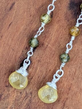 Earthy Green Garnet Earrings Dainty Sterling Silver Dangle Drop Wire Wrap
